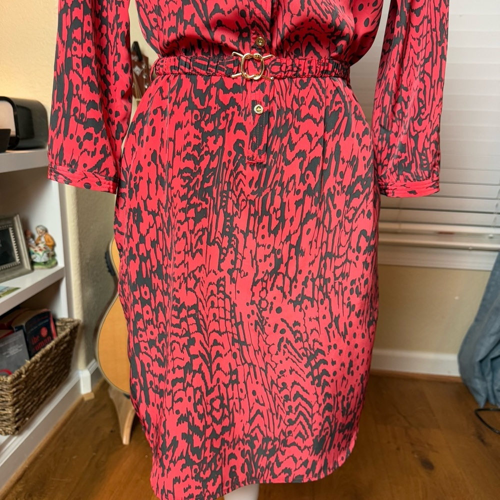 Yoana Baraschi Red and Black Patterned Shirtdress with Belt and Pockets Sz 0 - Picture 6 of 10